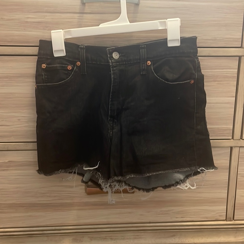 Black high rise denim shorts